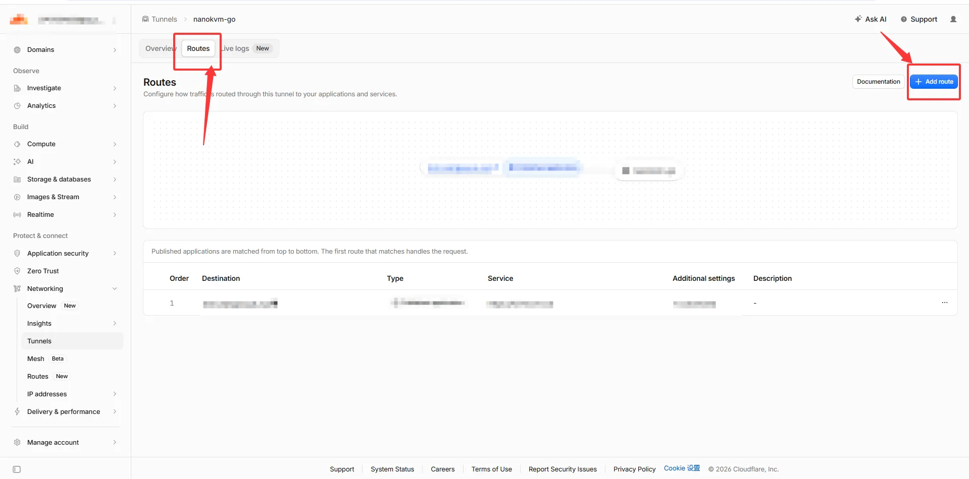 The Routes tab and the Add route button