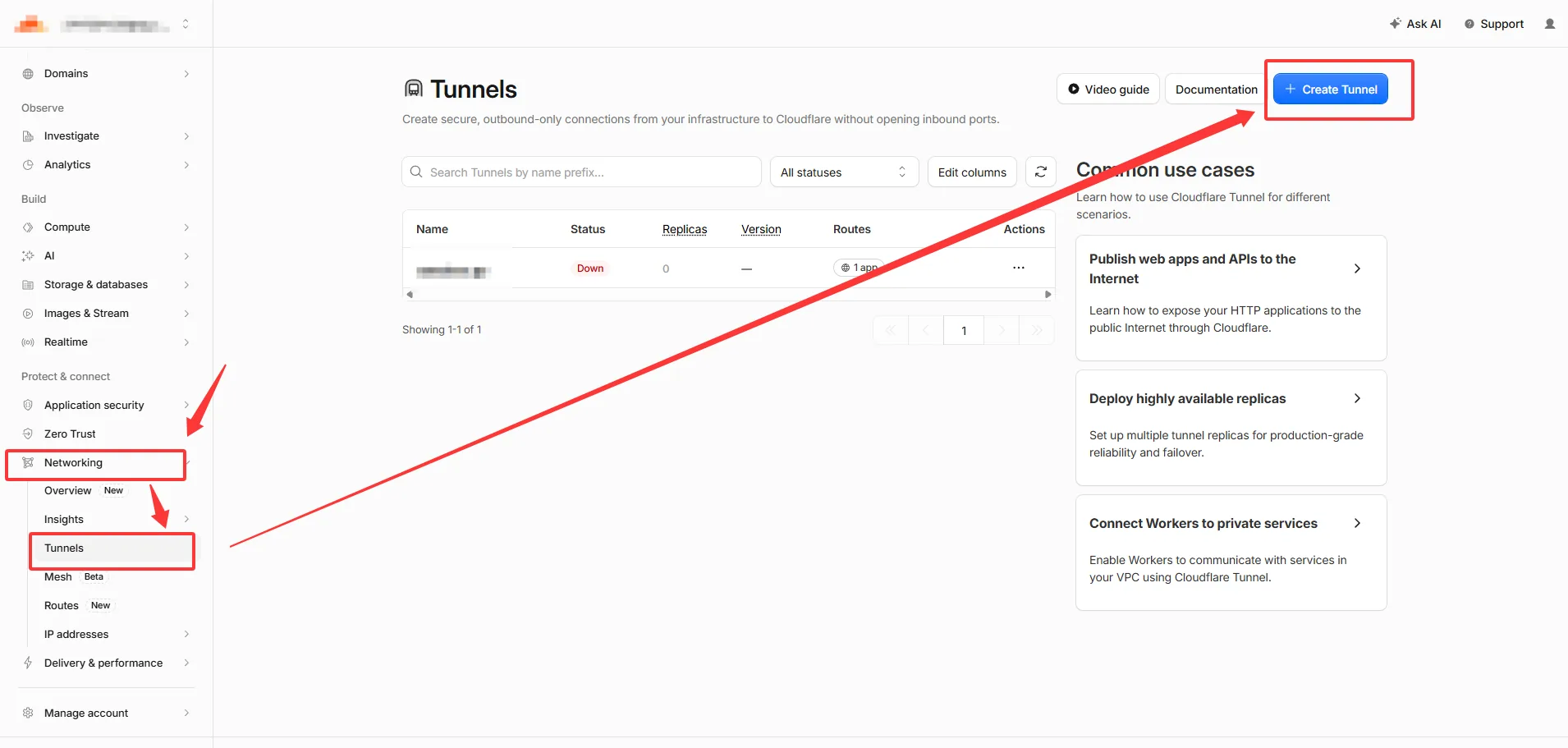 The Tunnels page and the Create a Tunnel button