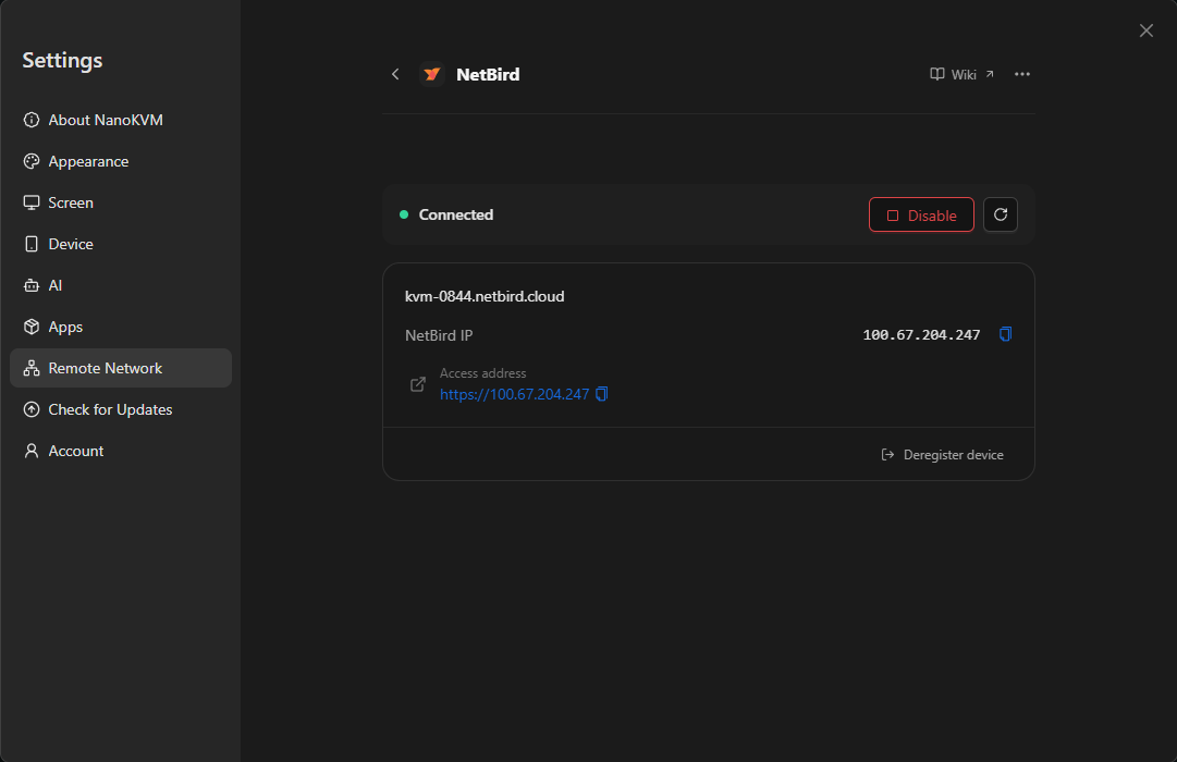 NetBird connected with the NetBird IP and access address