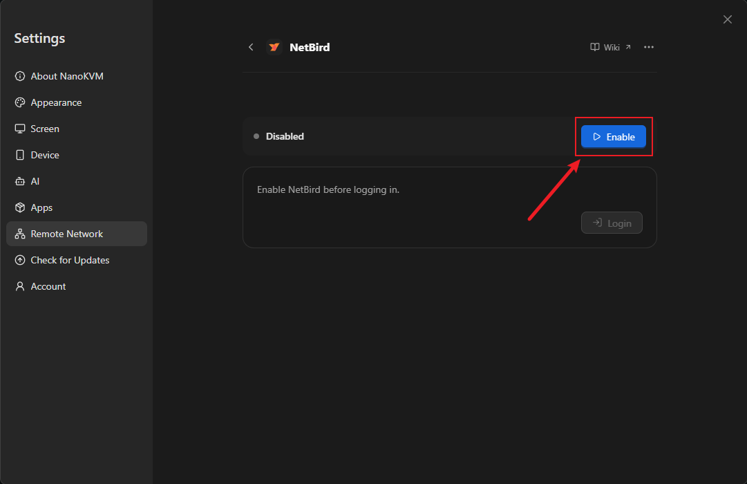 Disabled NetBird with the Enable button