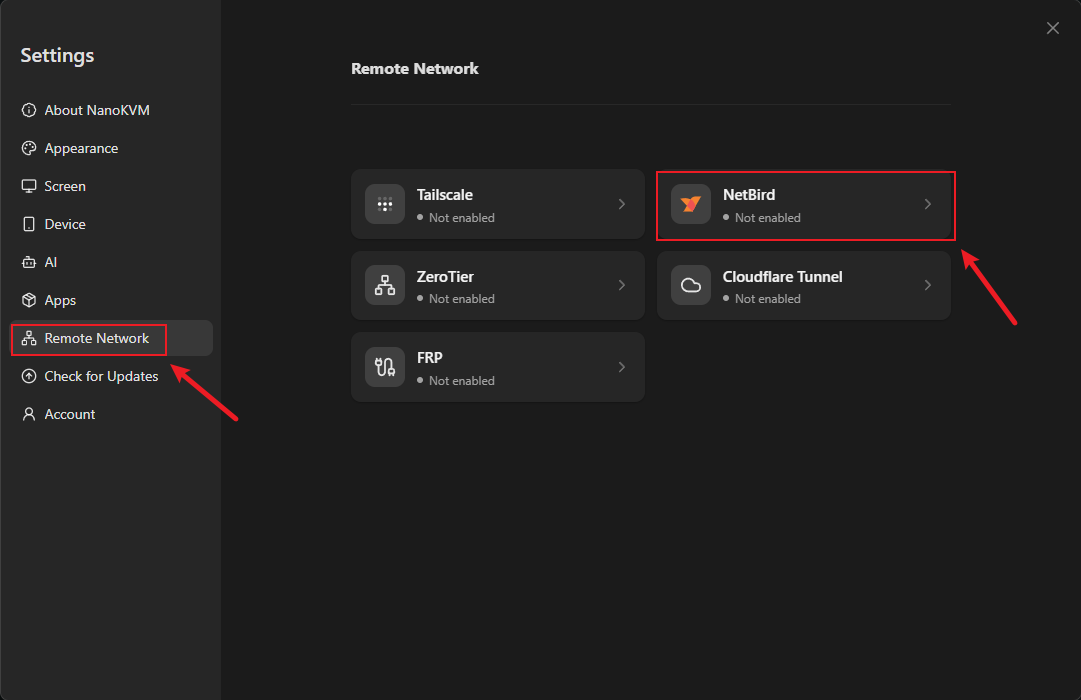 Select NetBird on the Remote Network page in NanoKVM Go