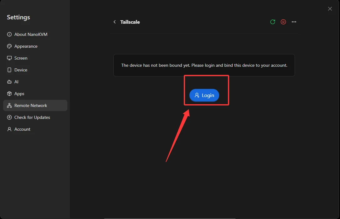 Click the Tailscale login button on NanoKVM Go