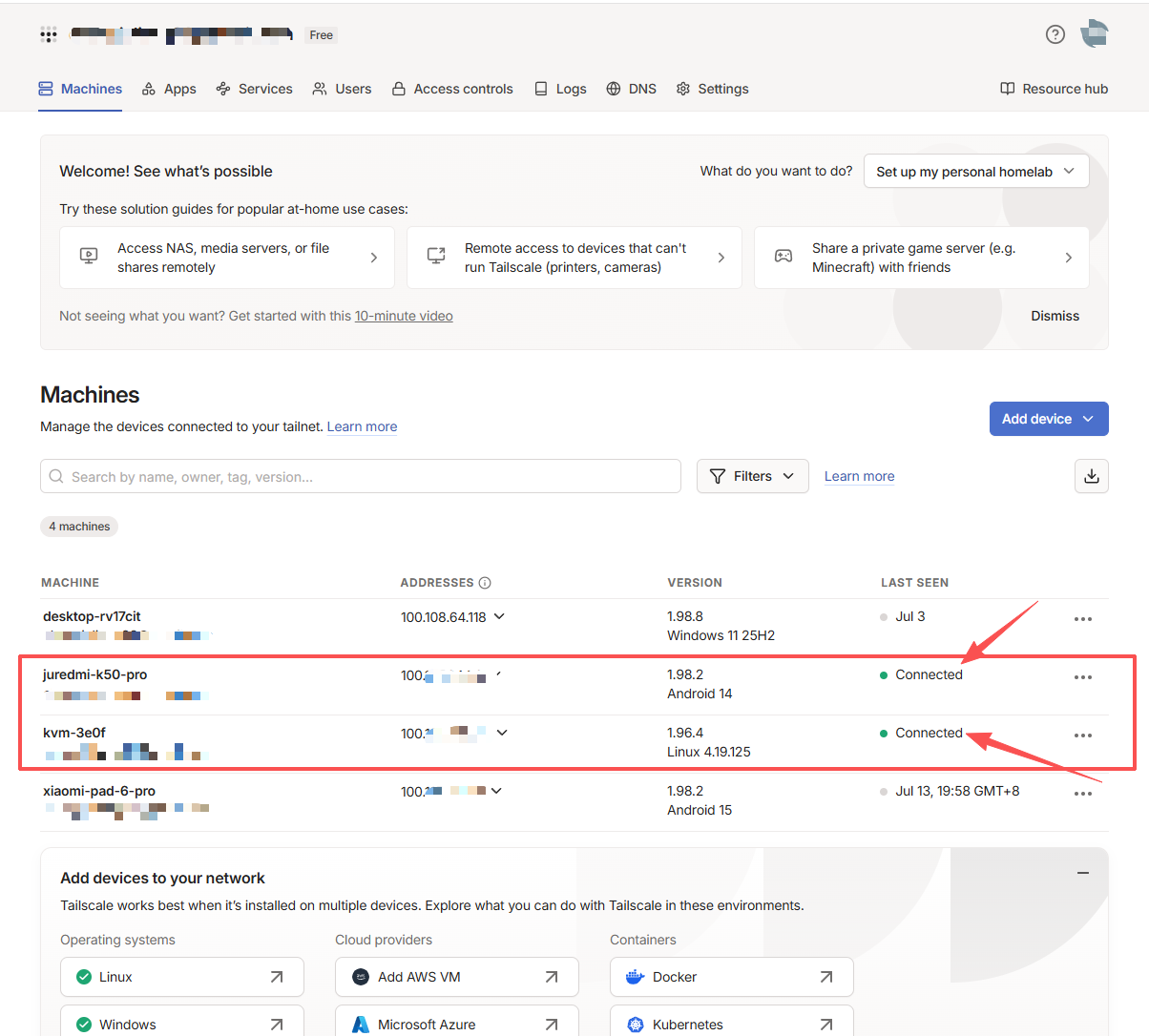 Confirm that the client device and NanoKVM Go are connected to Tailscale