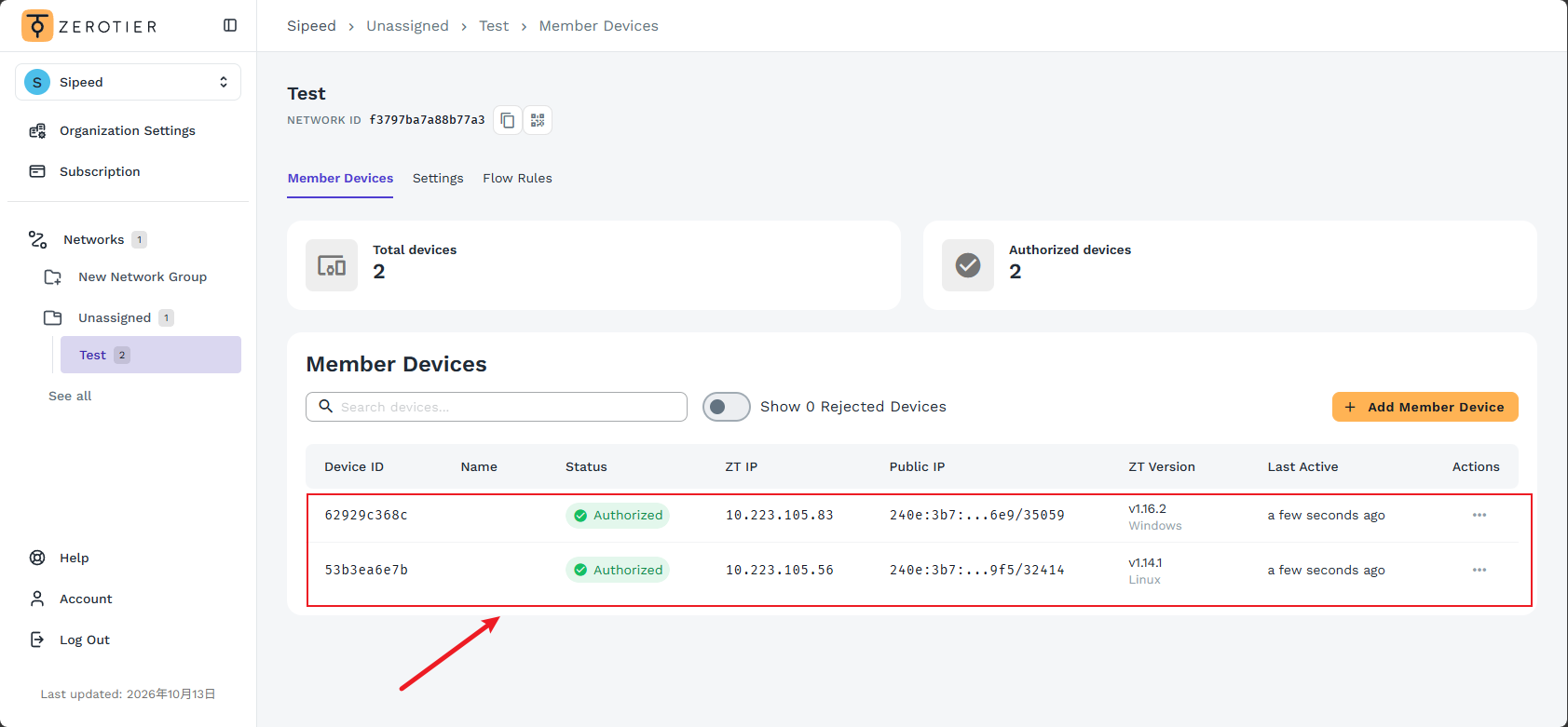 ZeroTier client connected on the access device