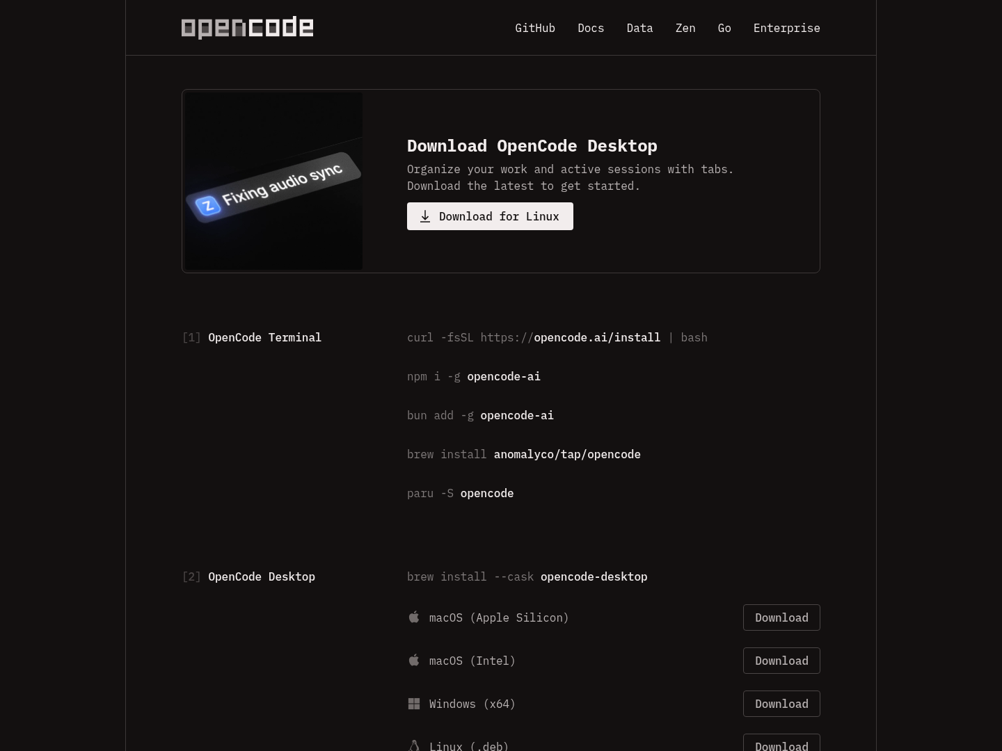 图 2：OpenCode 官方下载页。来源：OpenCode 下载页。