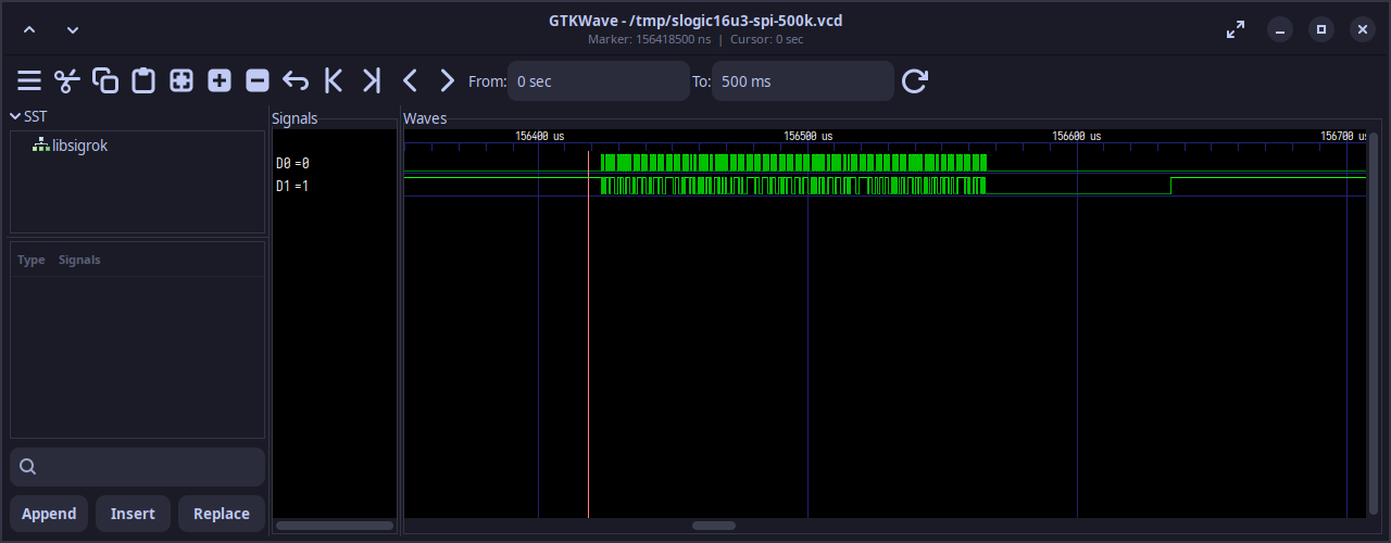 SLogic16U3 采集的 500 kHz SPI 波形
