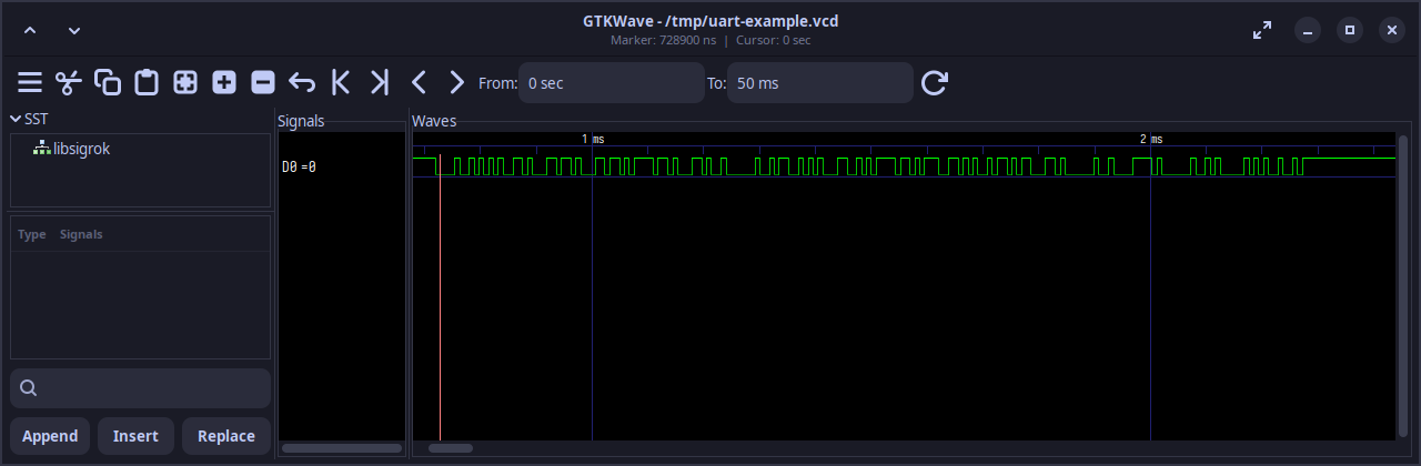 GTKWave 显示 sigrok-cli 导出的 UART VCD 波形